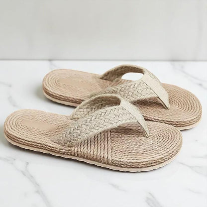 Japanese Tatami Unisex Pu Sandals, Rattan Flip Flops, Bohemian Beach Slides, Comfortable Flat Sole Summer Sandals, Grounding Footed Slippers
