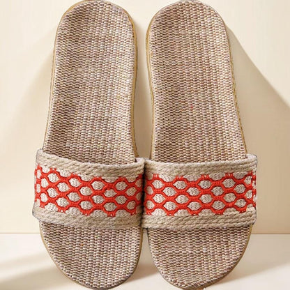 Fair Trade Linen House Slippers, Unisex Summer Linen Sandals, Floral Knit Pattern Sandals, Fair Trade Bathroom Slippers, Slides For Men
