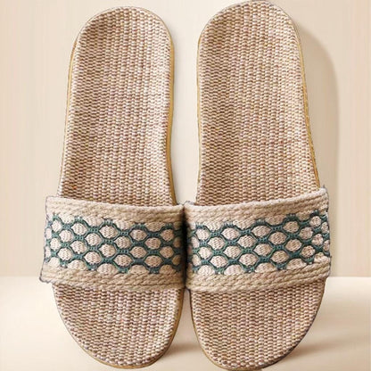 Fair Trade Linen House Slippers, Unisex Summer Linen Sandals, Floral Knit Pattern Sandals, Fair Trade Bathroom Slippers, Slides For Men