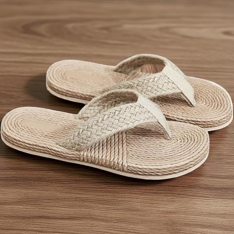 Japanese Tatami Unisex Pu Sandals, Rattan Flip Flops, Bohemian Beach Slides, Comfortable Flat Sole Summer Sandals, Grounding Footed Slippers