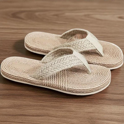 Japanese Tatami Unisex Pu Sandals, Rattan Flip Flops, Bohemian Beach Slides, Comfortable Flat Sole Summer Sandals, Grounding Footed Slippers