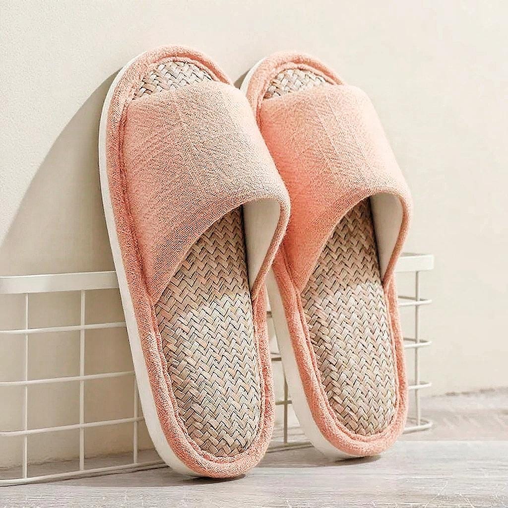 Japanese Malay Grass Slippers - Breathable Open-toe Summer House Shoes - Natural Linen & Plant Fiber Footwear, Anti-slip Summer Indoor Sole