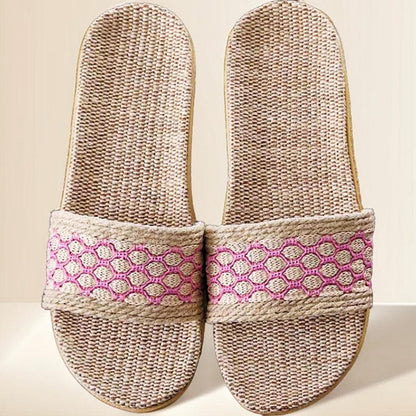 Fair Trade Linen House Slippers, Unisex Summer Linen Sandals, Floral Knit Pattern Sandals, Fair Trade Bathroom Slippers, Slides For Men