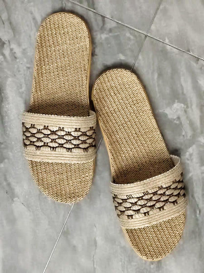 Fair Trade Linen House Slippers, Unisex Summer Linen Sandals, Floral Knit Pattern Sandals, Fair Trade Bathroom Slippers, Slides For Men