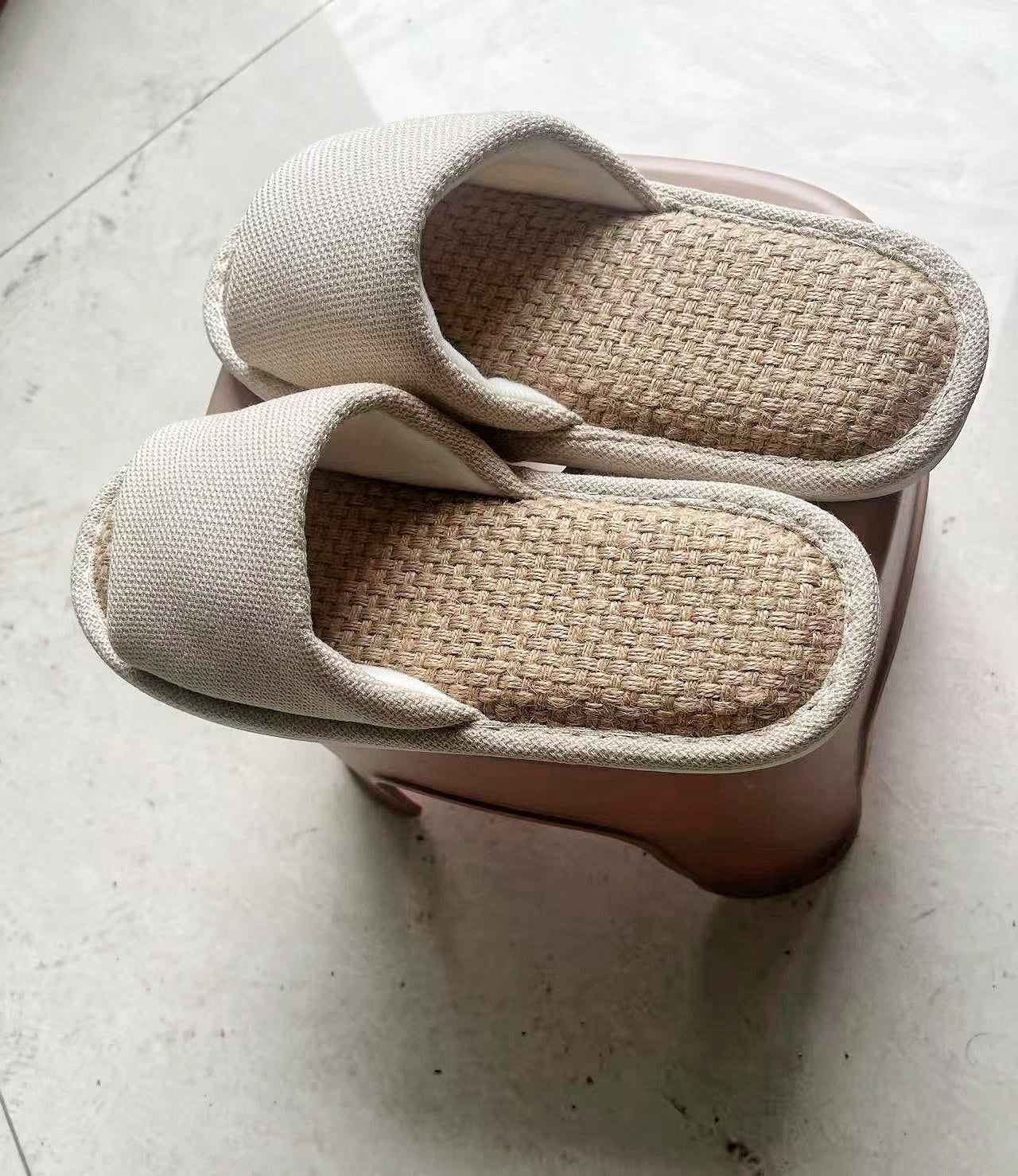 Japanese Tatami Indoor Sandals, Comfortable Linen Slippers For Men, Open-toe Summer House Slides, Natural Plant Fiber Footwear, Men Sandals