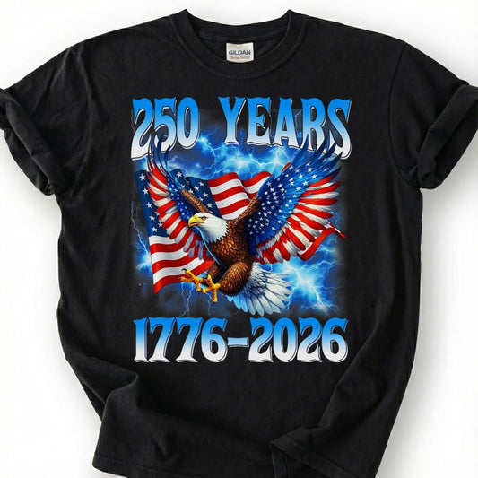 250 Years 1776 2026 Lightning Shirt, America Bald Eagle Flag Tee, USA Semiquincentennial Top, Patriotic Anniversary Apparel, July 4th Gift
